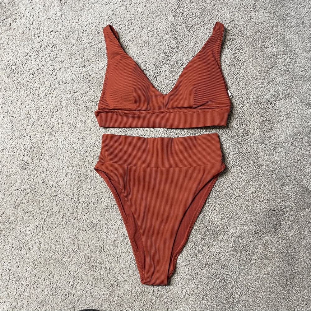Aerie Ribbed Longline VScoop Bikini Top High Cut Cheeky Ribbed Bikini Bottom Set